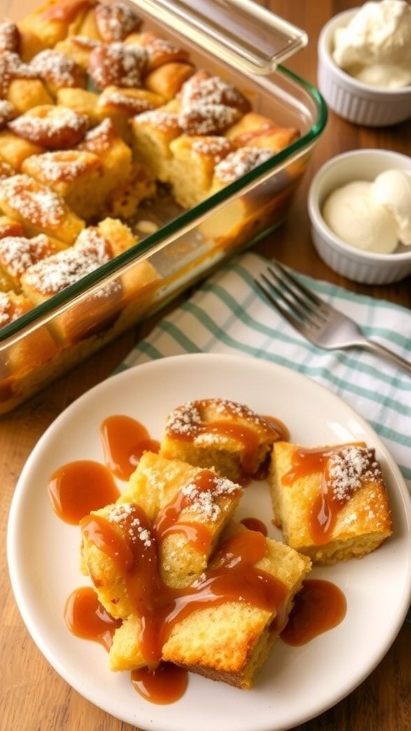 A delicious bread pudding in a 9x13 pan, garnished with powdered sugar and caramel sauce, with a slice on a plate.